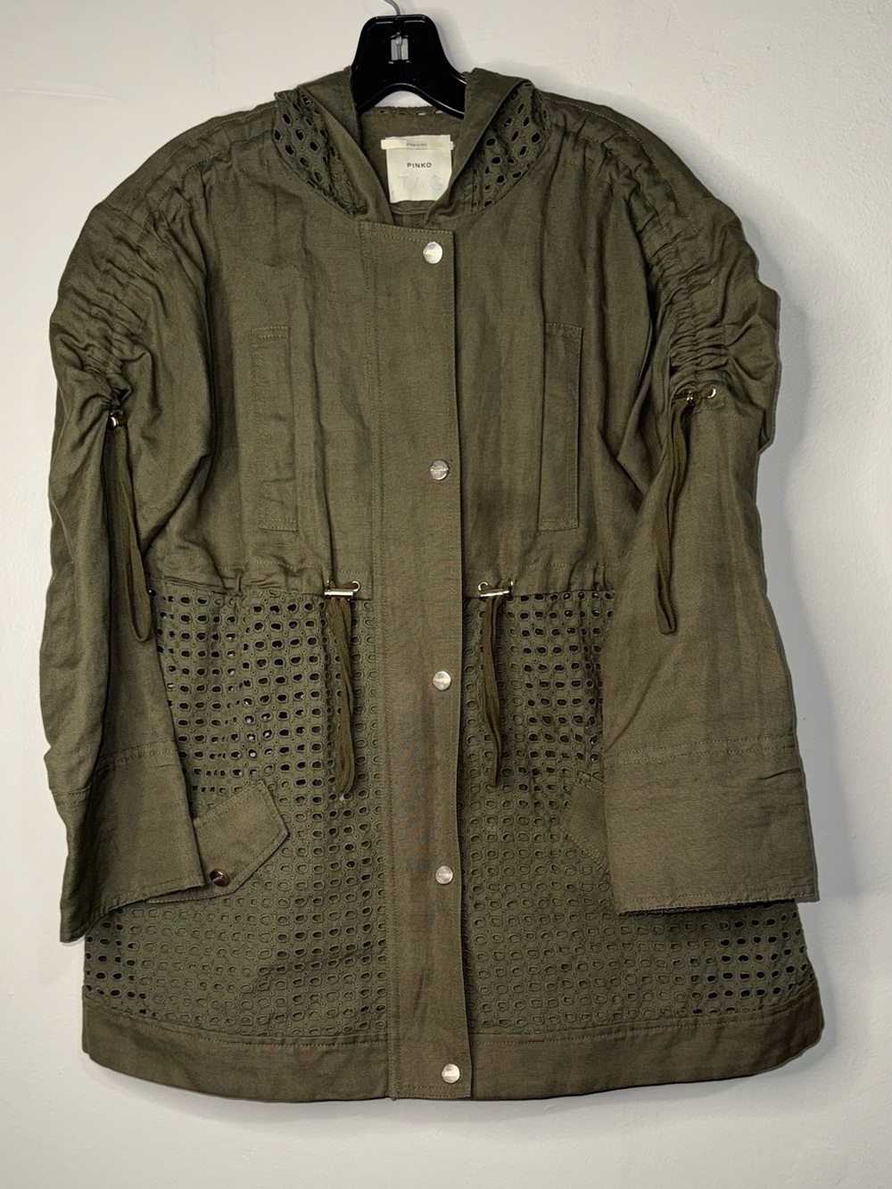 Pinko Olive Green Utility Jacket with Hood and Eyelet Details